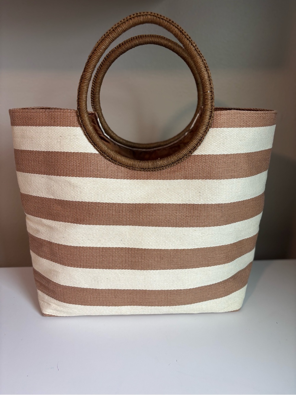 Neiman Marcus Woven Tote Round Handle Brown & White Casual Summer Beach Vacation